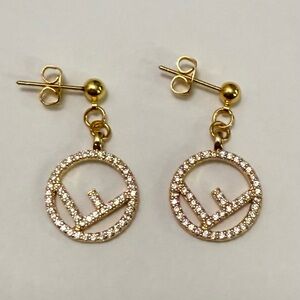 FENDI Gold Tone Crystal Circle Drop Earrings Stamped - Women's Jewelry